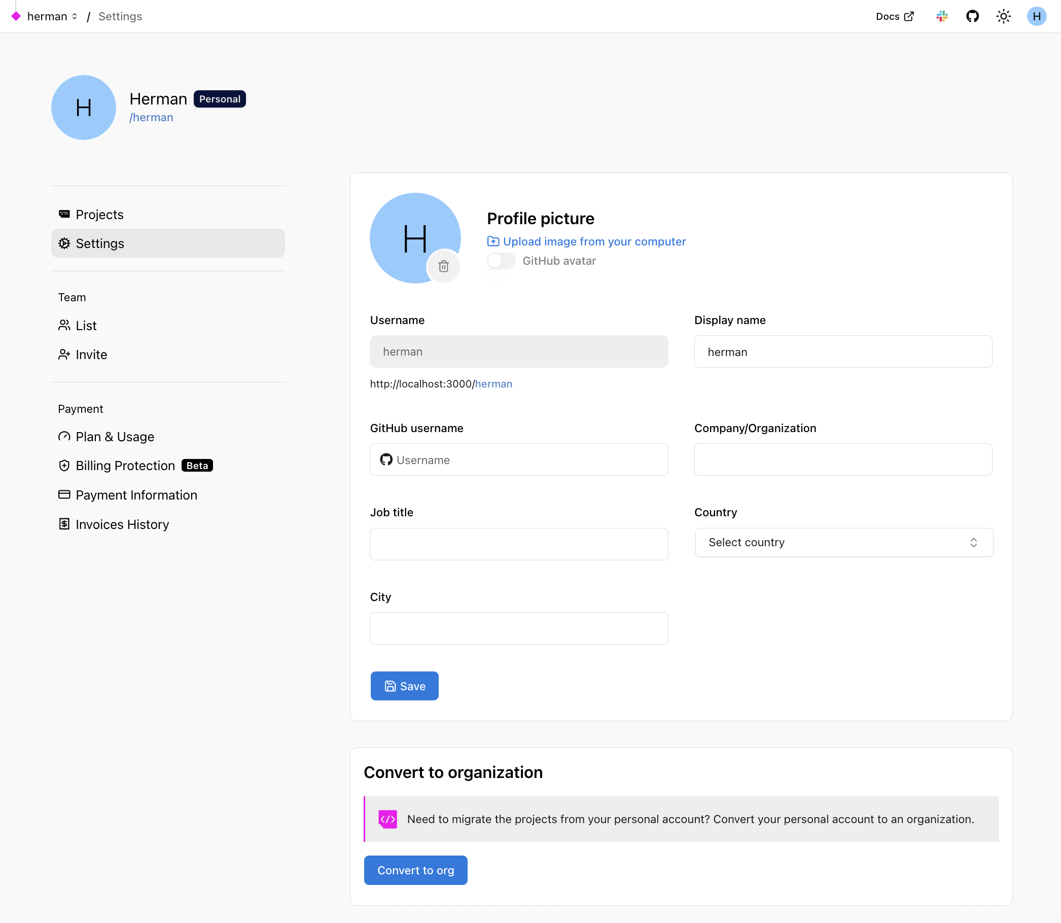 Account settings with Convert to org option